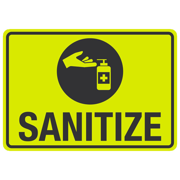 A yellow and black sign that says "Sanitize" with a hand and a bottle of sanitizer.
