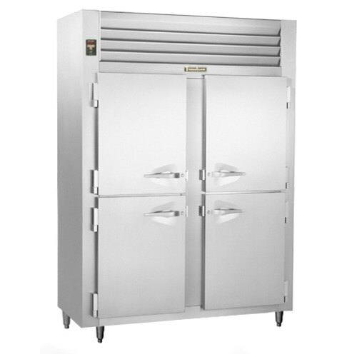 A Traulsen stainless steel reach-in freezer with two doors, one white and one stainless steel.
