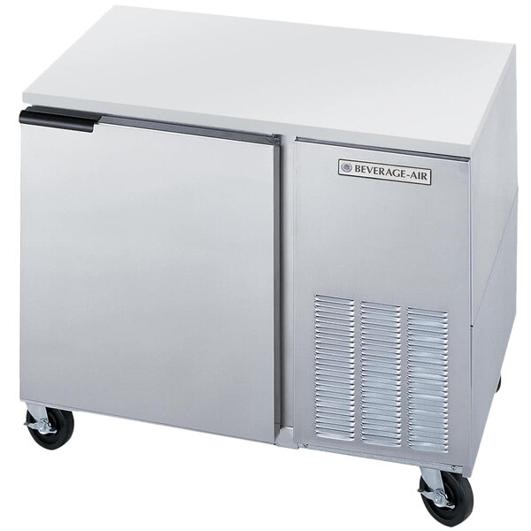 A stainless steel Beverage-Air undercounter refrigerator with a door.