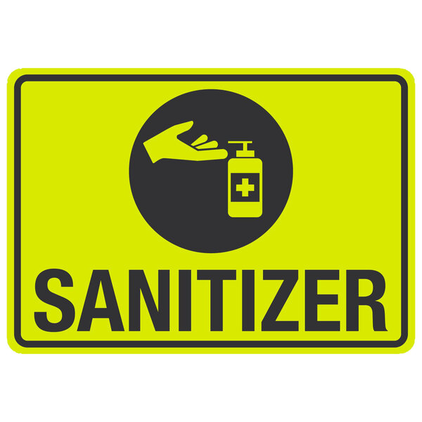 A yellow and black aluminum sign with a hand and a bottle of liquid that says "Sanitizer"