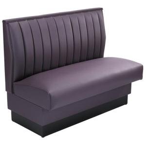 An American Tables & Seating purple upholstered booth seat with black leather.
