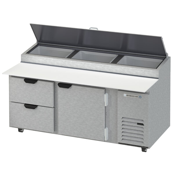 A Beverage-Air refrigerated pizza prep table with 2 drawers and a clear lid.