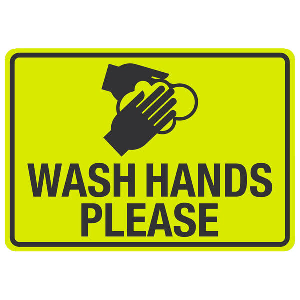 A yellow sign with black text and a hand washing.