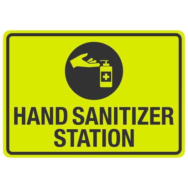 A yellow sign with a hand sanitizer symbol and the words "hand sanitizer station" on a black background.