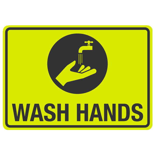A yellow and black restaurant compliance sign that says "Wash Hands" with a symbol of a hand and faucet in black.