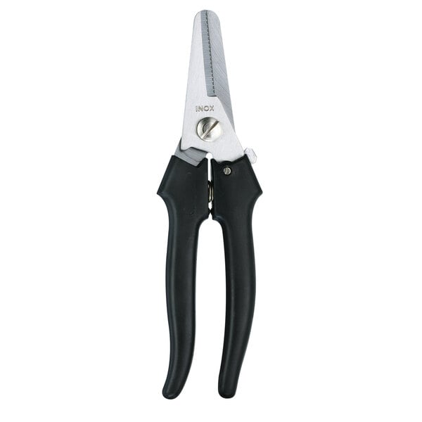 Victorinox stainless steel kitchen wire cutters with black handles.