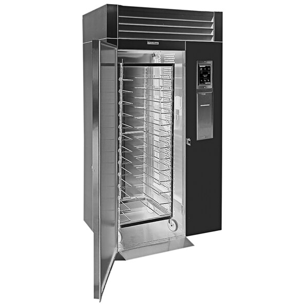 A Traulsen black and silver roll-thru blast chiller with the door open.