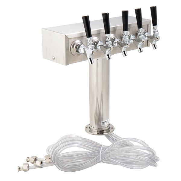 A Beverage-Air stainless steel beer tap tower with six taps.