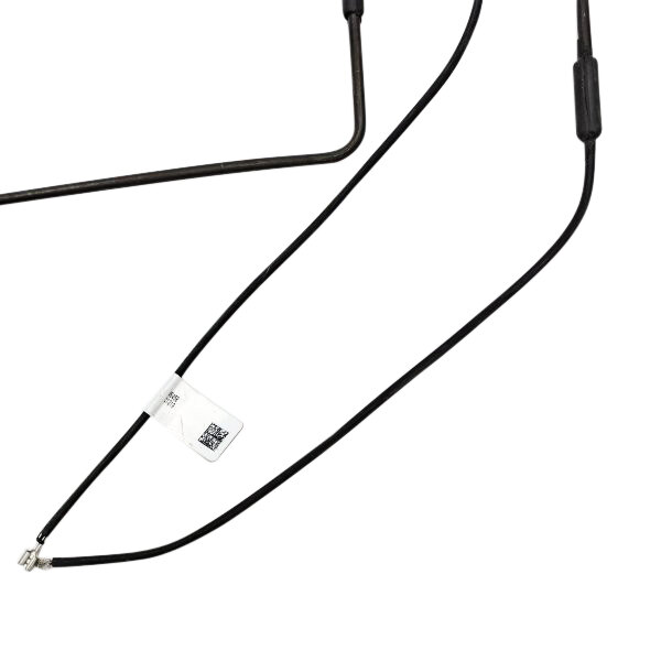 A black cable with a white label attached to it.