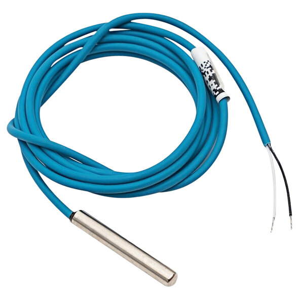 A blue cable with a metal tube and metal ends.