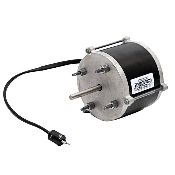 A black and silver Heatcraft evaporator fan motor with a cord.