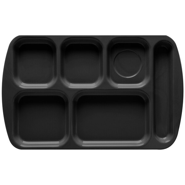 A black GET right handed melamine tray with 6 compartments.