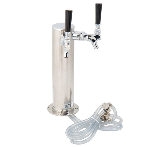 A stainless steel Beverage-Air nitro tap tower with two black faucets.