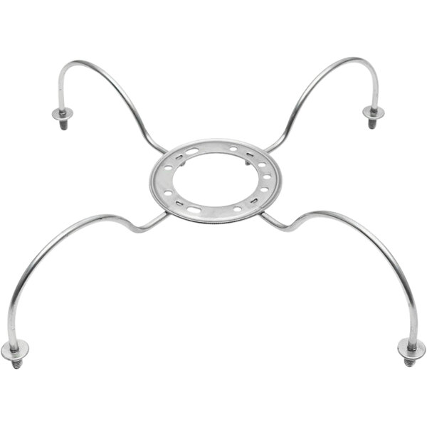 A metal stand with four metal legs and a ring.