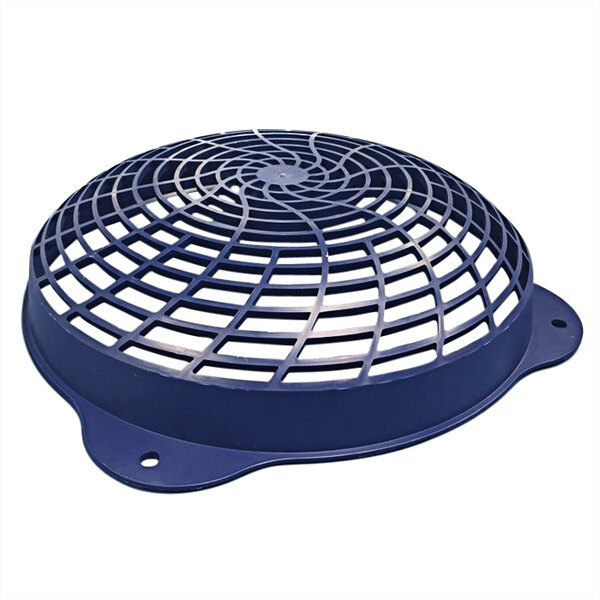 A blue circular Heatcraft fan guard with a circular pattern on it.