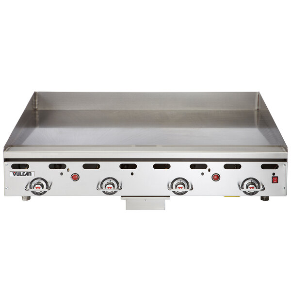 A Vulcan 48" liquid propane commercial griddle with extra deep plate and snap-action thermostatic controls.