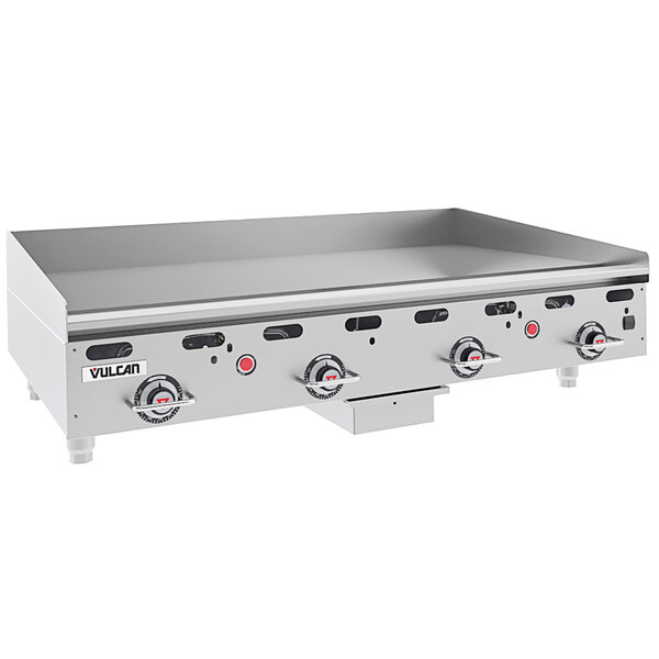A Vulcan natural gas commercial griddle with snap-action thermostatic controls and an extra deep plate on a counter.