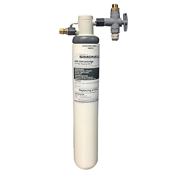 A white Nuova Simonelli water filter cartridge with grey accents.