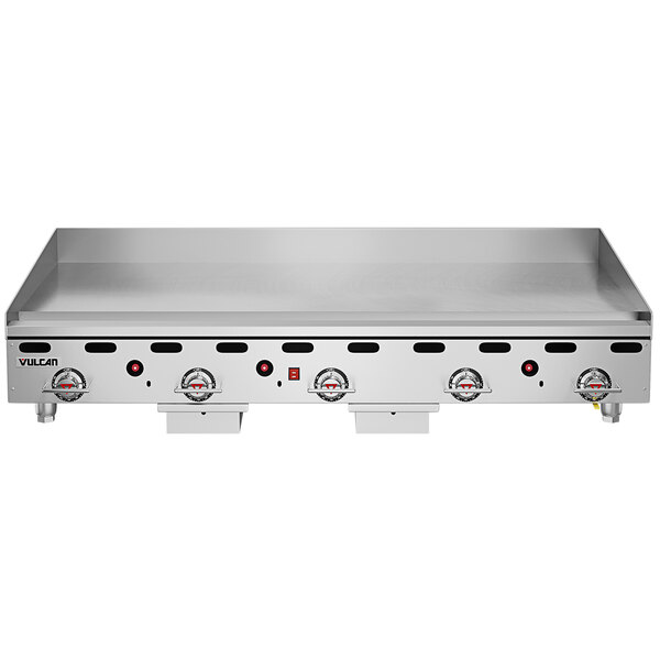 A Vulcan stainless steel commercial gas griddle with snap-action thermostatic controls.