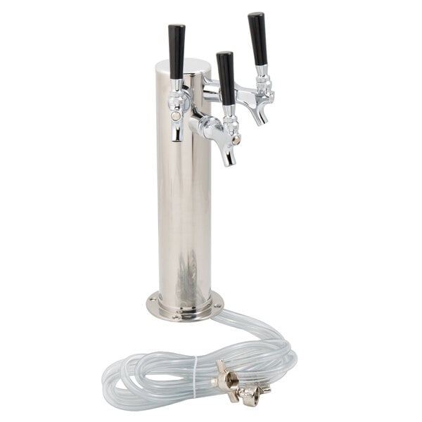 A silver metal Beverage-Air nitro tap tower with three hoses.
