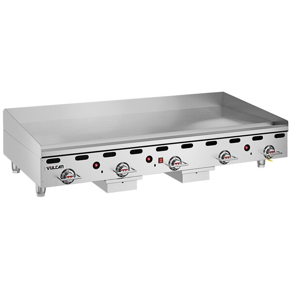 A Vulcan stainless steel commercial griddle with snap-action thermostatic controls on a counter.