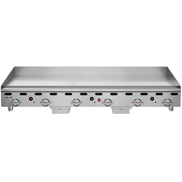 A Vulcan 72" commercial gas griddle with thermostatic controls and extra deep plate on a counter.