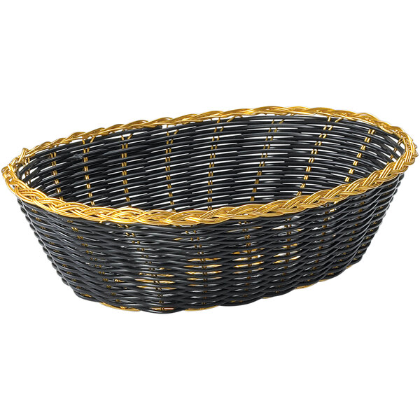 A black polypropylene bread basket with metallic gold vinyl trim.