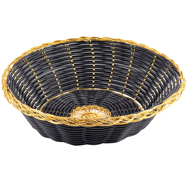 A Tablecraft black polypropylene bread basket with metallic gold trim.