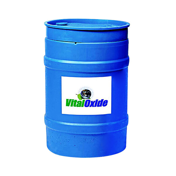 A blue barrel of Simpson Vital Oxide disinfectant concentrate with a white label.