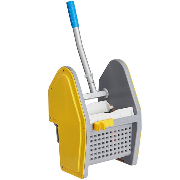 A yellow and grey Lavex mop bucket wringer attachment.
