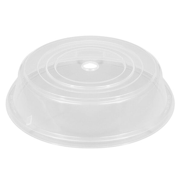 A clear plastic lid with a hole for a round plate.