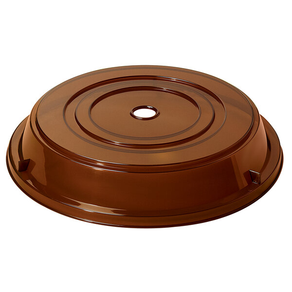 A brown circular polypropylene plate cover with a hole in the middle.