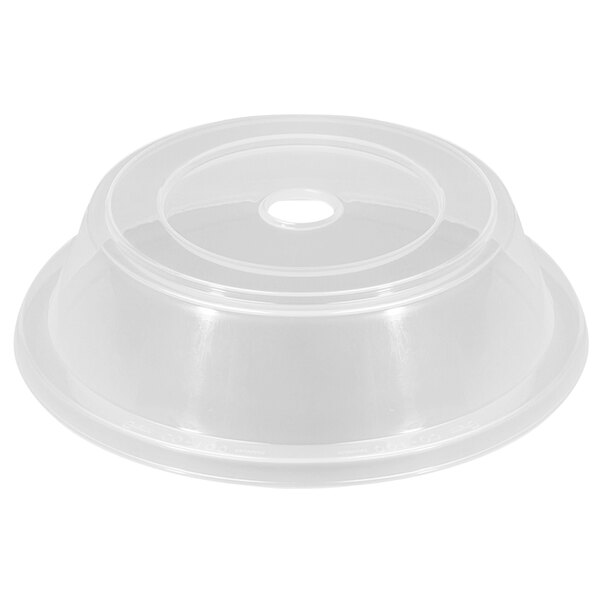 A clear plastic lid on a white surface.