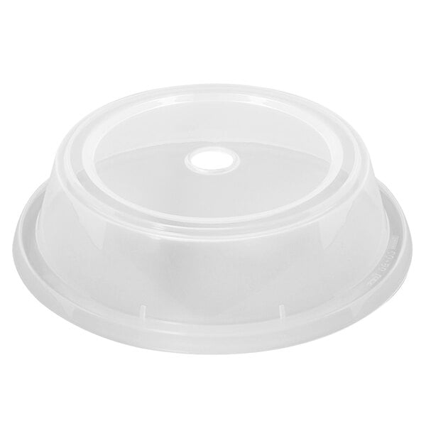 A clear plastic lid with a hole for plates.
