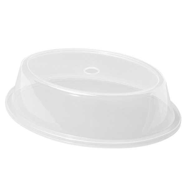 A clear plastic lid on a white surface.