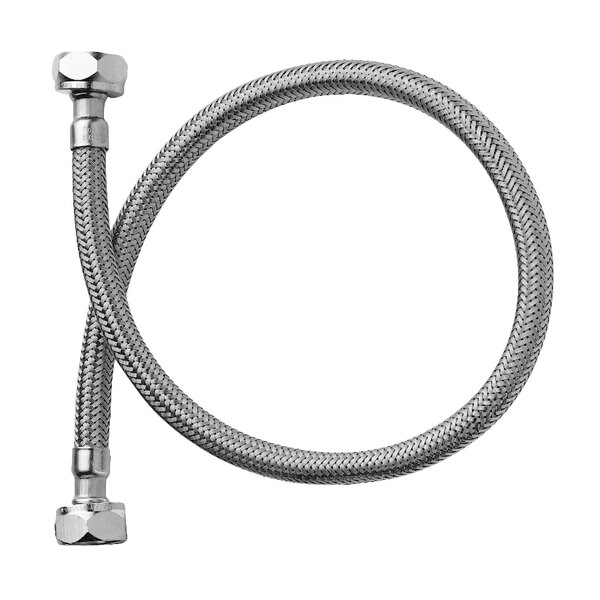 A silver braided Fisher supply line kit with a flexible metal hose and a couple of nuts.