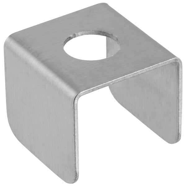 A stainless steel metal bracket with a hole in it.