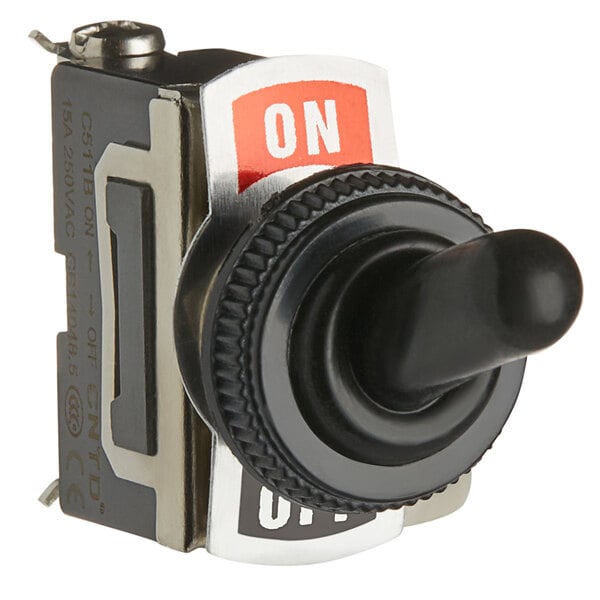 A black and silver toggle switch with a black knob.