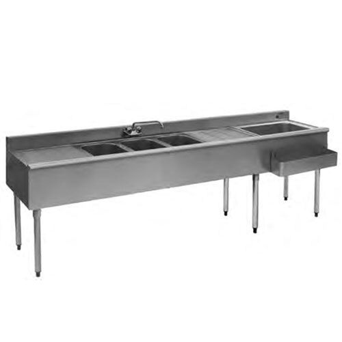 An Eagle Group stainless steel underbar sink with three sinks, two drainboards, and a right side ice bin.