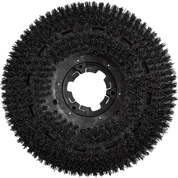A circular black Lavex floor scrubbing brush with black bristles.