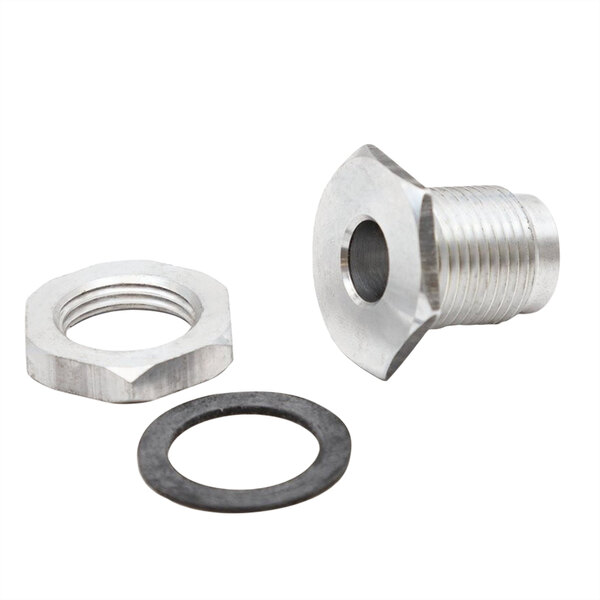 A stainless steel nut and washer on a Heatcraft drain line fitting.