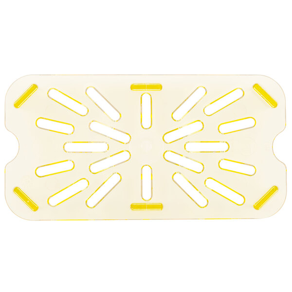 A white rectangular object with yellow accents and holes.