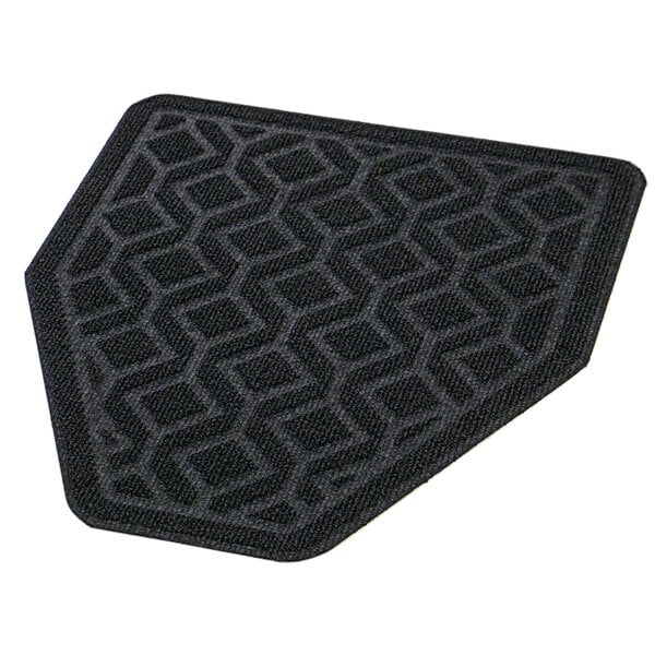 A black square Apache Mills carpeted urinal mat with a grey geometric pattern.
