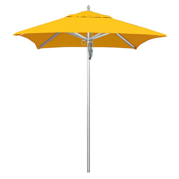 A California Umbrella with a Sunflower Yellow Sunbrella canopy on an aluminum pole.
