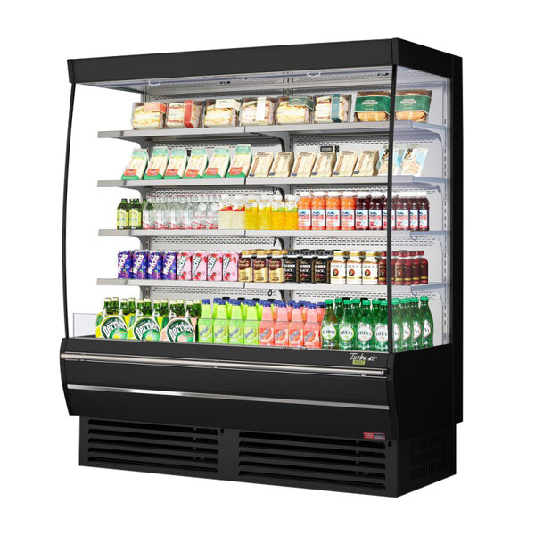 A Turbo Air black refrigerated air curtain merchandiser with drinks and beverages inside.
