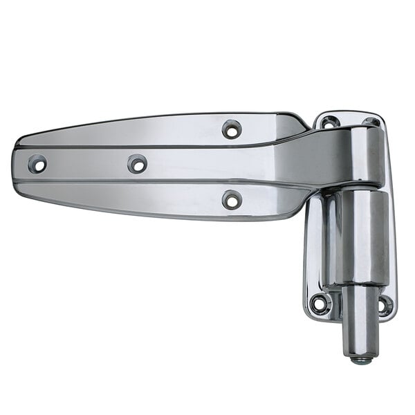 A polished chrome Kason spring assisted door hinge with screws.