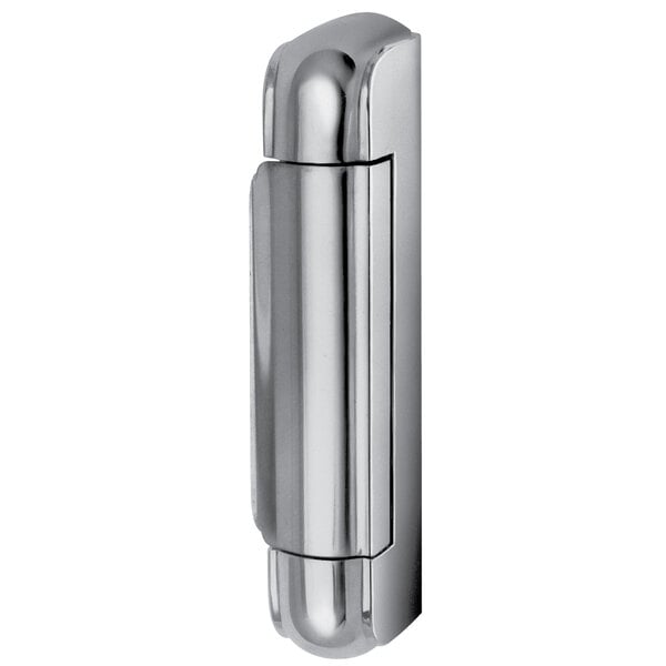 A close-up of a chrome Kason adjustable hinge with a silver finish.