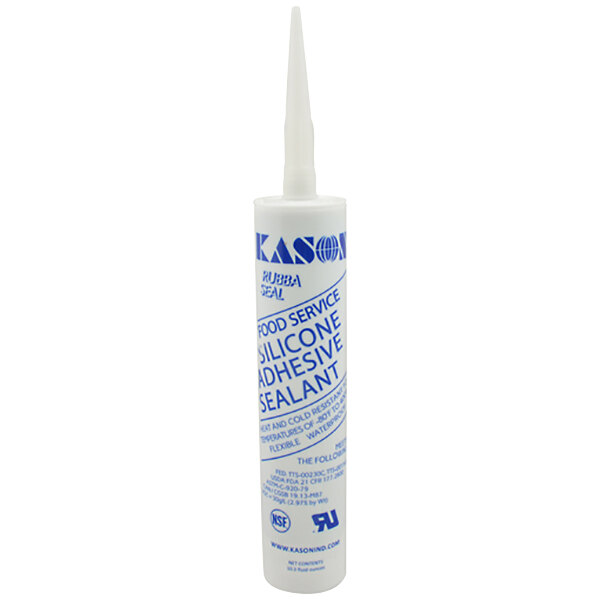 A clear tube of Kason RubbaSeal silicone caulk with blue text.