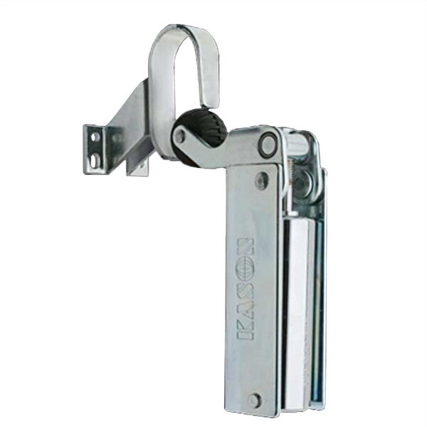 A Kason hydraulic door closer with a zinc plated metal cover and black rubber wheel attachment.