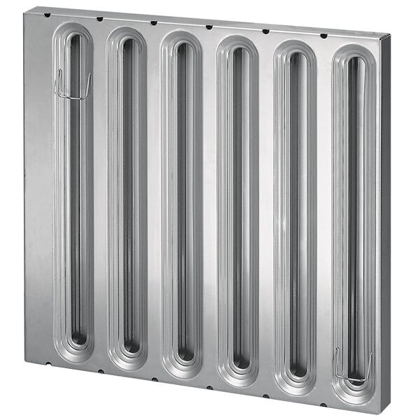A silver metal Kason aluminum grease filter with holes in a vertical pattern.